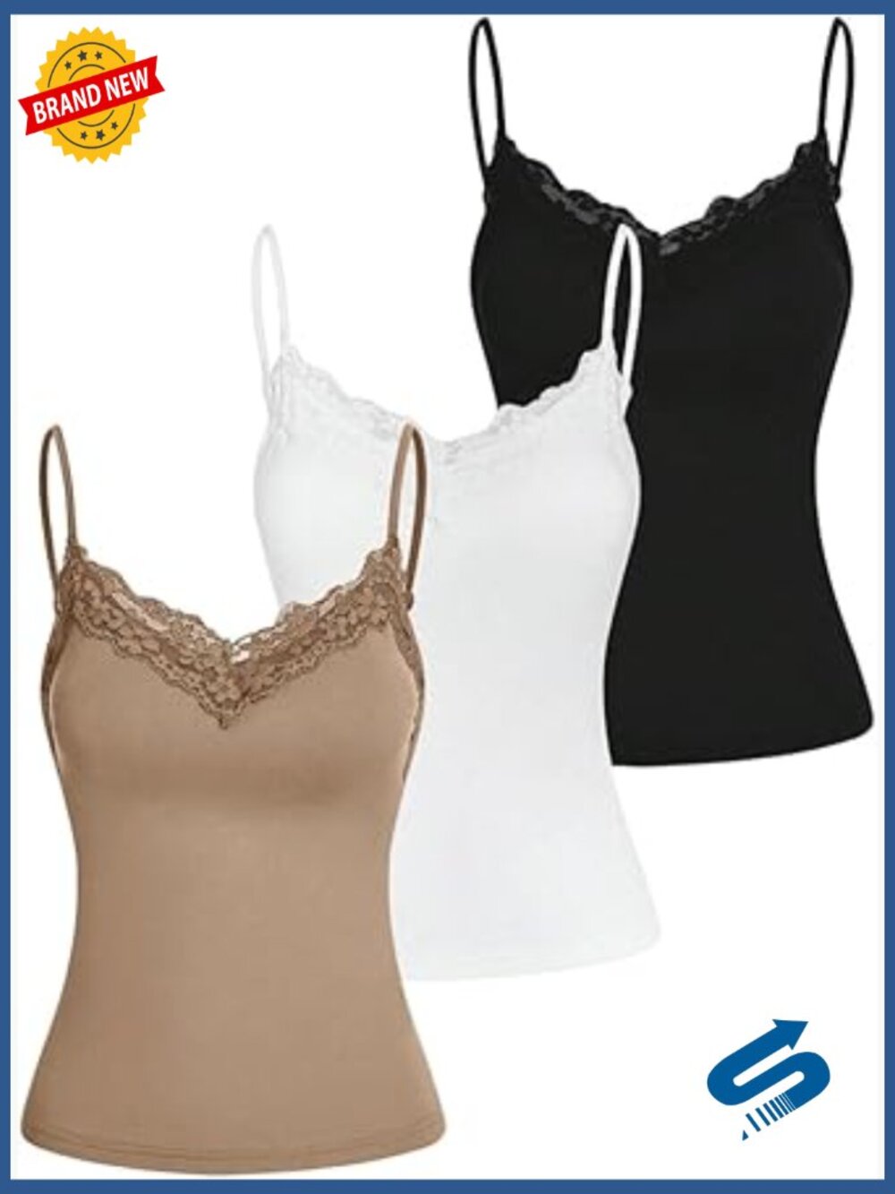 3 Pack Lace Trim Spaghetti Strap Camisole Tank Top with Built in Bra